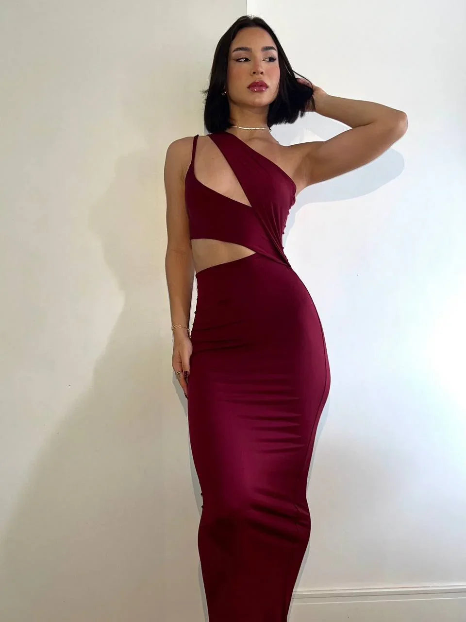 Vestido Comprido Trapeado Bordô