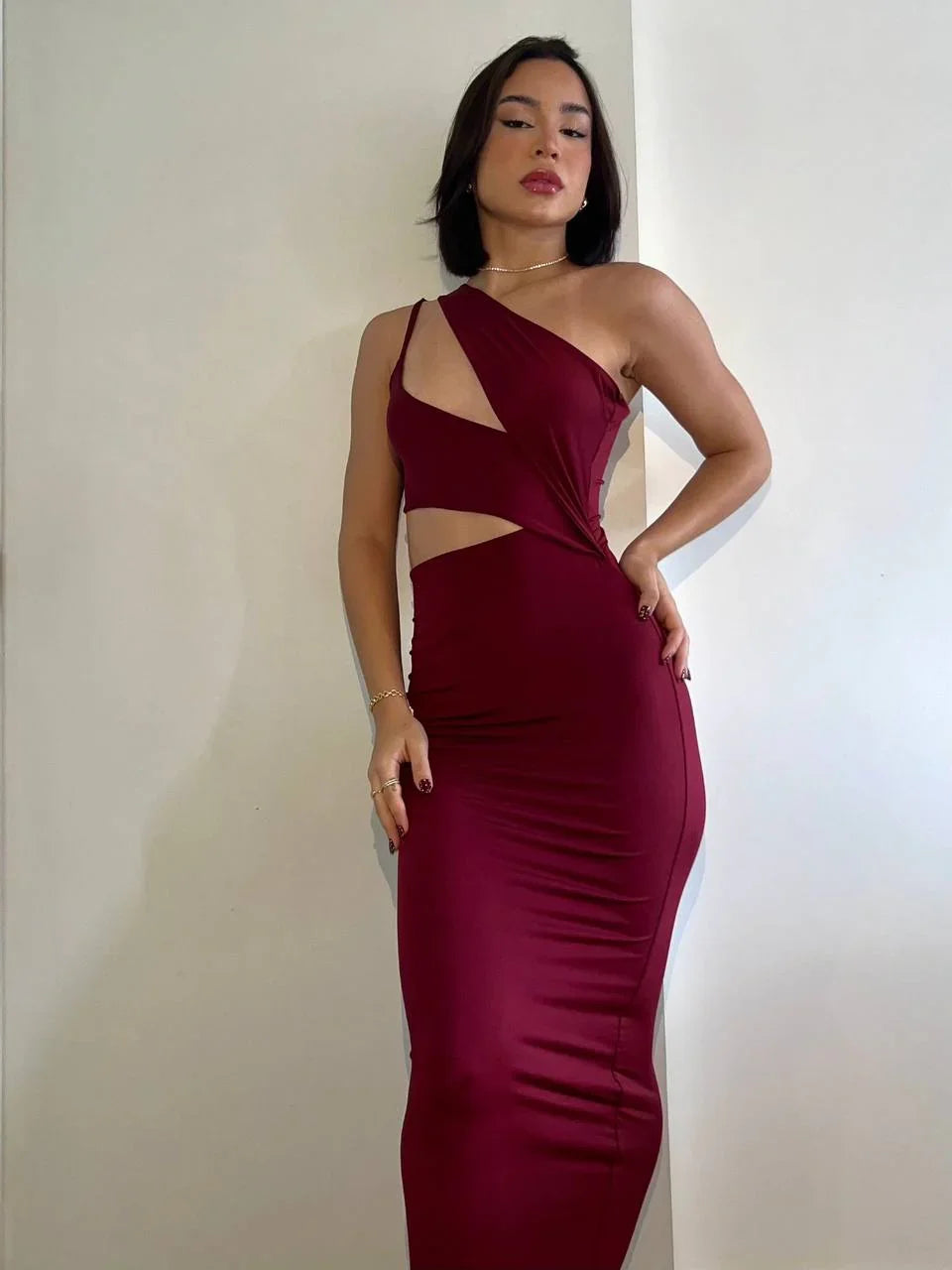 Vestido Comprido Trapeado Bordô